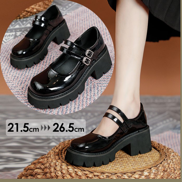 メリージェーン 厚底 靴 大人 子供 レディース シューズ ダブルベルト ストラップ21.5-26.5 おでこ靴 留め金 女子学生 プラットフォーム 通勤 通学 日常 かわいい オシャレ カジュアル