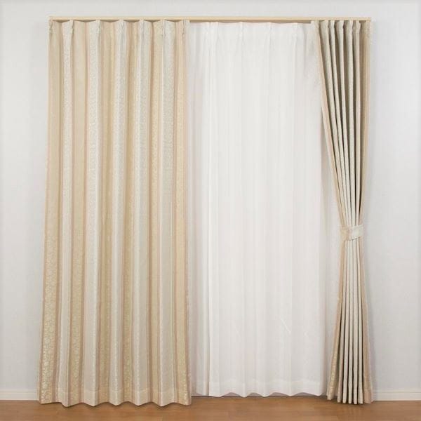 遮光 カーテン 約幅100cmx長さ200cmx2枚セット ベージュ 3級遮光 花柄ストライプ 洗える 裏地付き 形状記憶 遮光カーテン