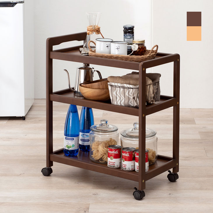 天然木 キッチンワゴン 3段 VW-7977 カート ワゴン キャスター付き 取っ手付き 木製 スリム 台所 キッチン ダイニング 隙間 収納 棚 ラック