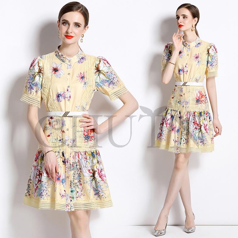 【激安開催！】ミニワンピースレディース パーティードレスミニ結婚式入学式 卒業式 aライン 花柄シャツワンピース半袖スタンドカラー プリント エレガント フォーマル