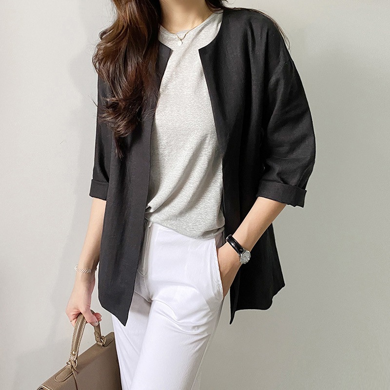 トップス ジャケット 7分袖 ラウンドネック 前開き ポケット ミディアム丈 可愛い かわいい 大人可愛い きれいめ シンプル 上品 おしゃれ かっこいい カジュアル こなれ感 個性的 ラフ 主役級