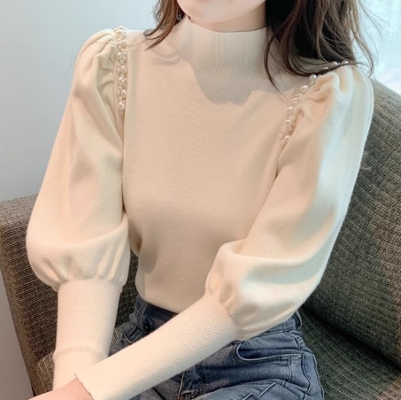 レディース トップス ニット セーター ロング 長袖 パフスリーブ ハイネック リブニット 伸縮性 ドッキング パール かわいい 大人可愛い きれいめ カジュアル 上品 おしゃれ こなれ感