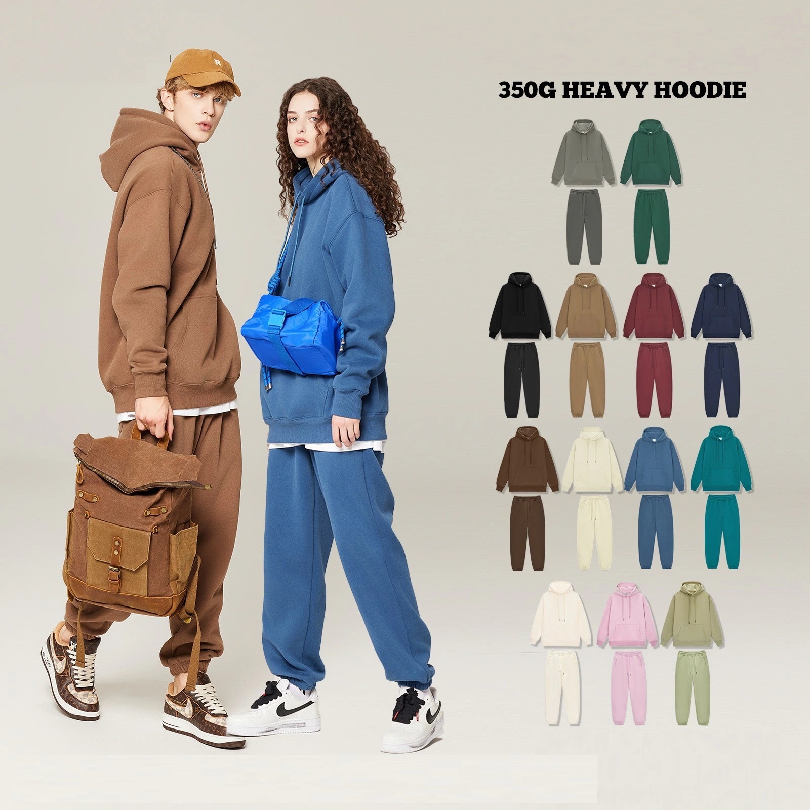 春秋350gカップルは厚手でふわふわした純粋な色のパーカースウエットのスーツ男女トップス  Tシャツ２点セット