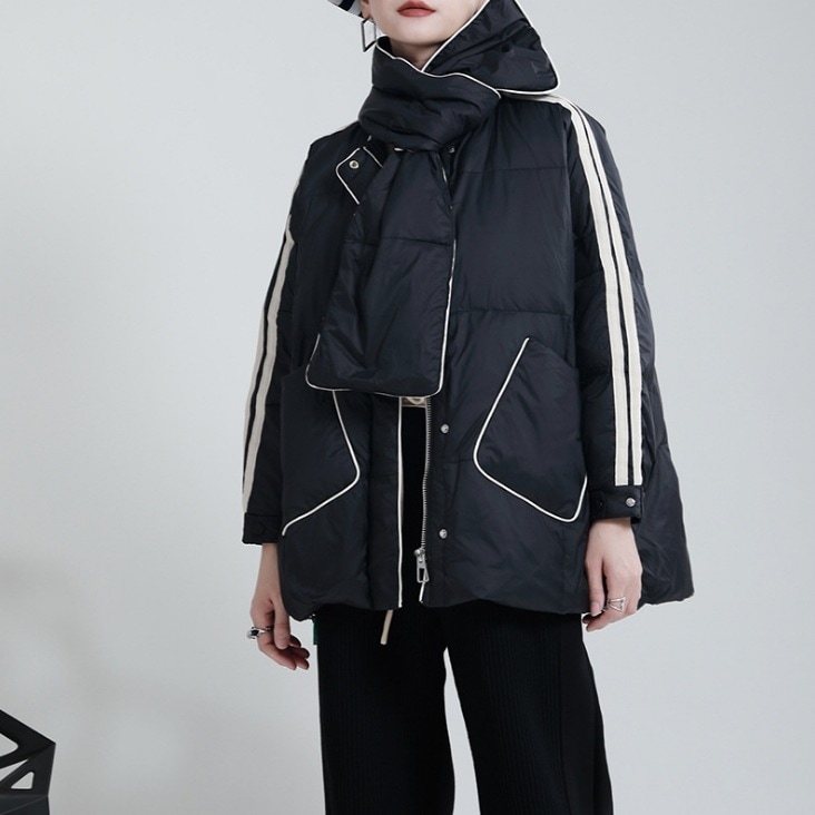 韓国冬レディース厚手ダウンコートショット丈ダウンジャケットウォーム防寒無地スカーフ二点セット