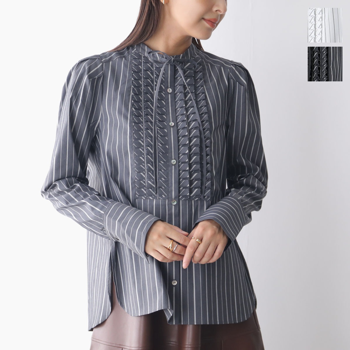 MARILYN MOON マリリンムーン ブラウス tuck frill strip blouse 4253-133 レディース ストライプ フリル リボン パワーショルダー 長袖 カラー2色