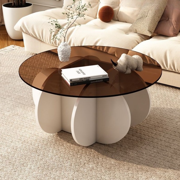 無垢材 木製 ガラストップ ラウンドテーブル リビングテーブル センターテーブル モダン カフェ風 オーバル