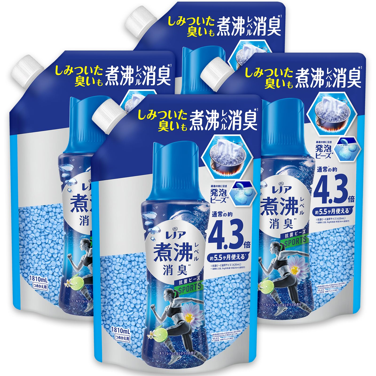 レノア 超消臭 煮沸レベル消臭 抗菌ビーズ SPORTS クールリフレッシュ&シトラス 詰め替え 1810mL×4袋 [大容量] [ケース品]