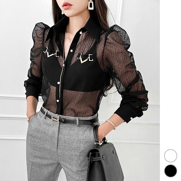 ブラウス レディース トップス 長袖 シャツ シースルー パブスリーブ 透け感 カットソー 上品 きれいめ セクシー 春 秋 韓国 to26323