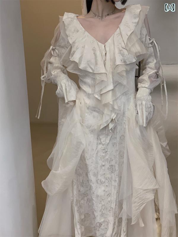 ワンピース ドレス レディース WALKINDARK フローティングフラワー プリンセス フェアリー ロングスリーブ ホワイト ドレス ハイエンド ライト ウェディングドレス 女性 秋