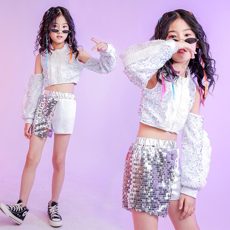 キッズ ダンス 衣装 白 へそ出し セットアップ スパンコール ジャケット ズボン トップス ヒップホップ k-pop 衣装 上下セット チアガール ガールズ 子供 韓国30%までに制限