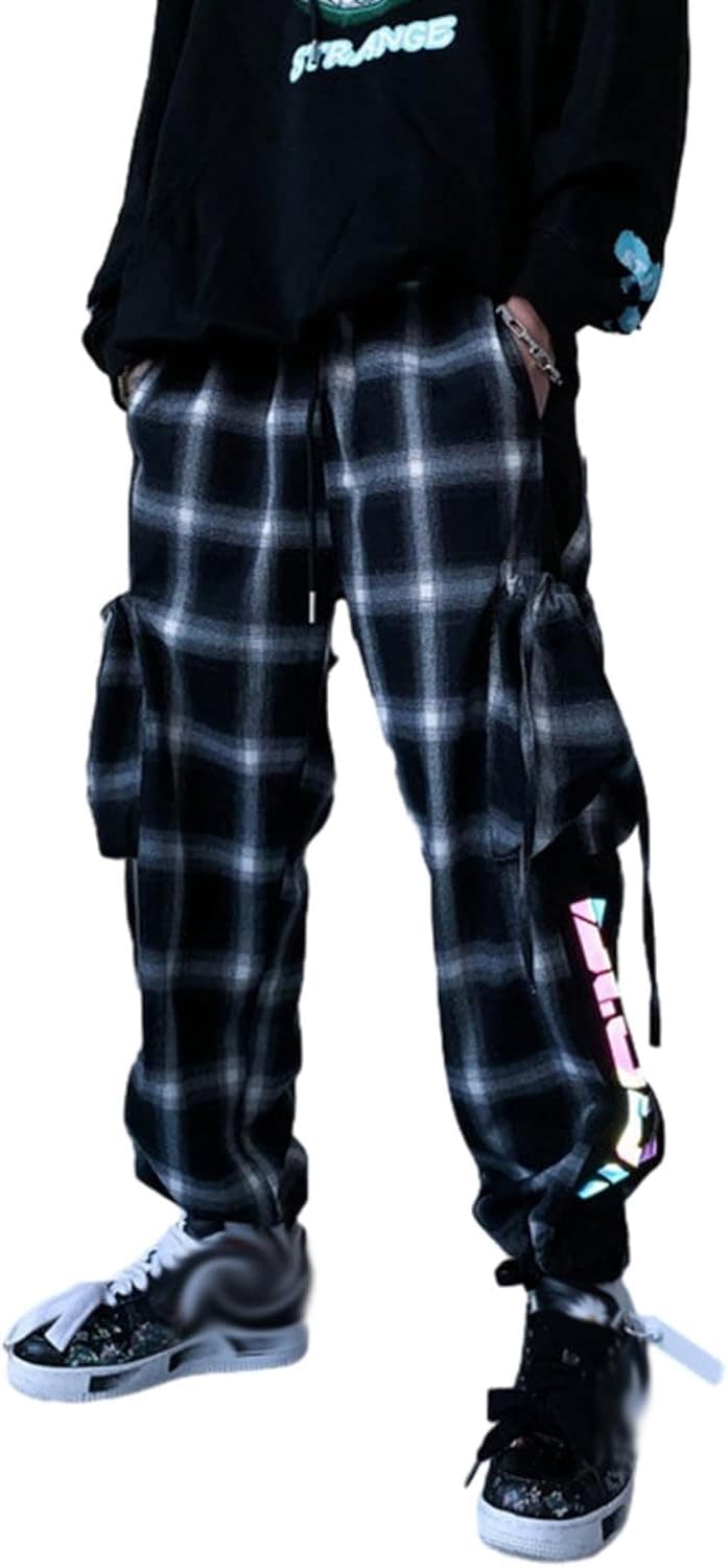 カーゴパンツ ワークパンツ メンズ チェック柄 ウエストゴム ロングパンツ 綿麻 ポケット付き ビッグシルエット かっこいい ストラップ アウトドア ダンス ヒップホップ ストリート 原宿