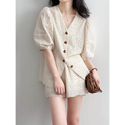 2024 夏 新作レース セットアップ レディース 気質 紫外線対策半袖 ゆったりシャツワイドパン