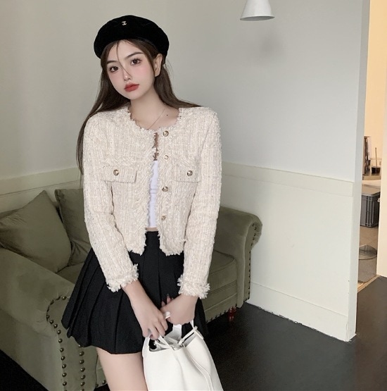ツイードジャケット パステルカラー ノーカラージャケット ショート丈 フロントボタン 韓国 レディース オルチャン きちんと きれいめ ショート丈 ラウンドネック スリム 前開き