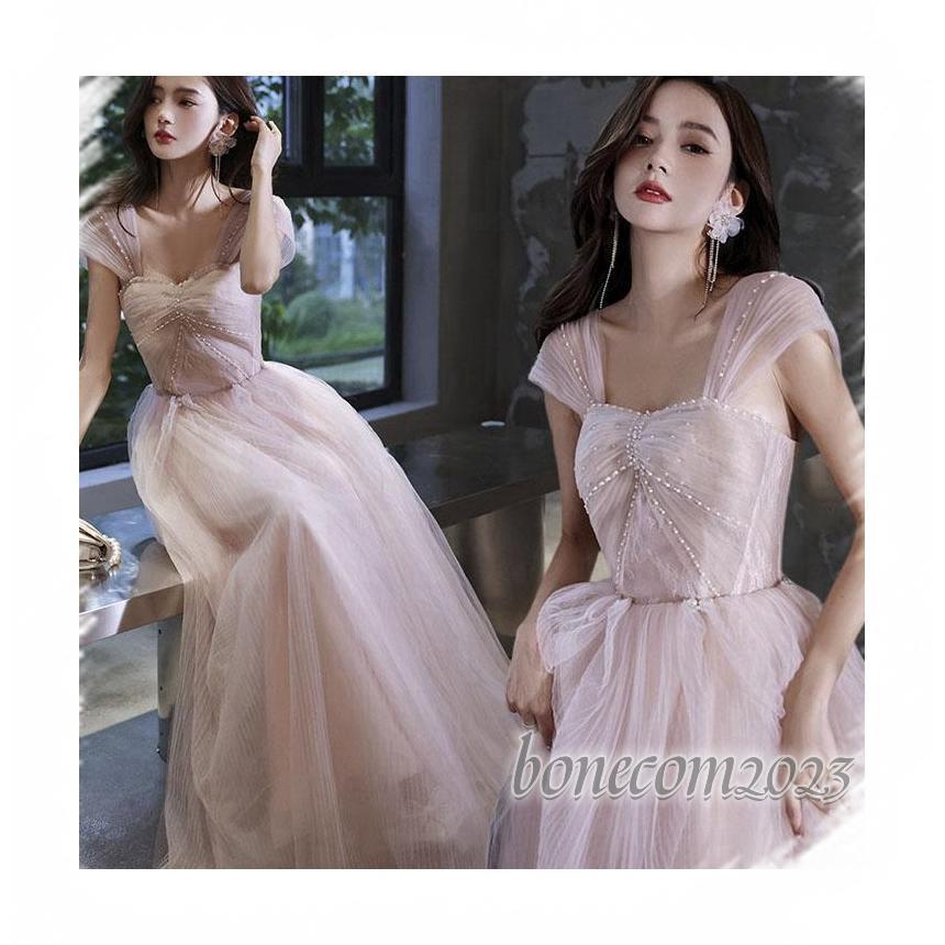 ノースリーブ 可愛いビーズ ふわふわチュール オフショルダー エンパイア 前撮り パーティードレス ワンピース レディース 花嫁ロングドレスHE11