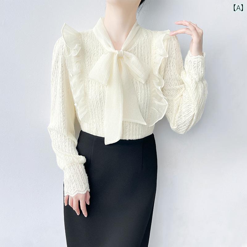 ブラウス 秋冬 レディース 暖かい ニット セーター リボン ボウタイ トップス レース フリル カーディガン ファッション ガーリー 大人かわいい