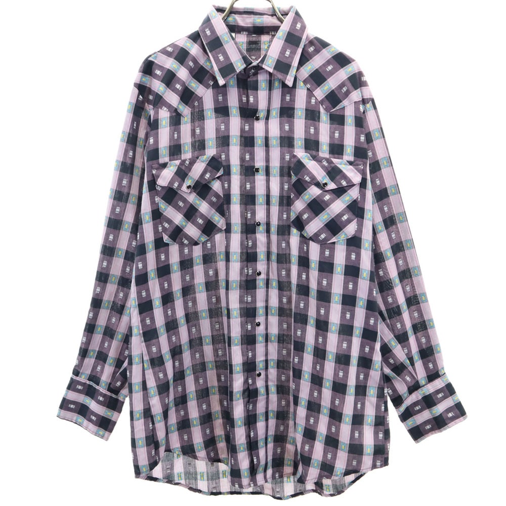 パーマネントプレス 70s 80s USA製 ヴィンテージ チェック柄 長袖 ウエスタンシャツ 16/33 パープルピンク 他 PERMANENT PRESS メンズ