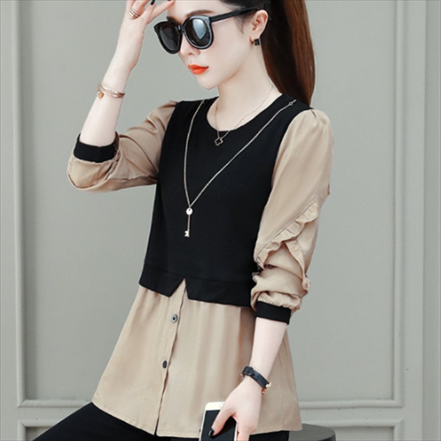 トップス 3色 ブラウス ロング丈 ロング 袖あり 長袖 Uネック Aライン フレア プルオーバー バイカラー 異素材切り替え ドッキング かわいい 大人可愛い 大人女子 こなれ感