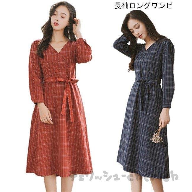 ワンピース 長袖 レディース ロングワンピ チェック柄 Vネック 長袖ワンピース 女性用 チュニック