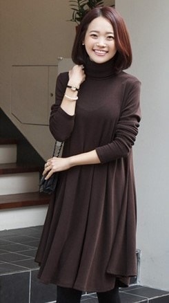 1903.グレースフレアワンピース（ブラウン）2019 春夏 sale タートルネック 長袖 お呼ばれ パーティー 女子会 レストラン デート ルームウェア