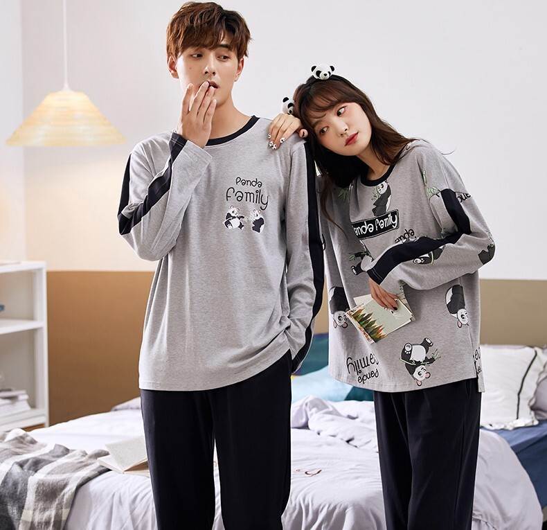 ペア パジャマ カップル アニマル パンダ メンズ レディース 長袖 Tシャツ ラウドネック サイドスリット 長ズボン かわいい 存在感 ボーイッシュ 春 秋 セットアップ M L XL 2 大人可愛