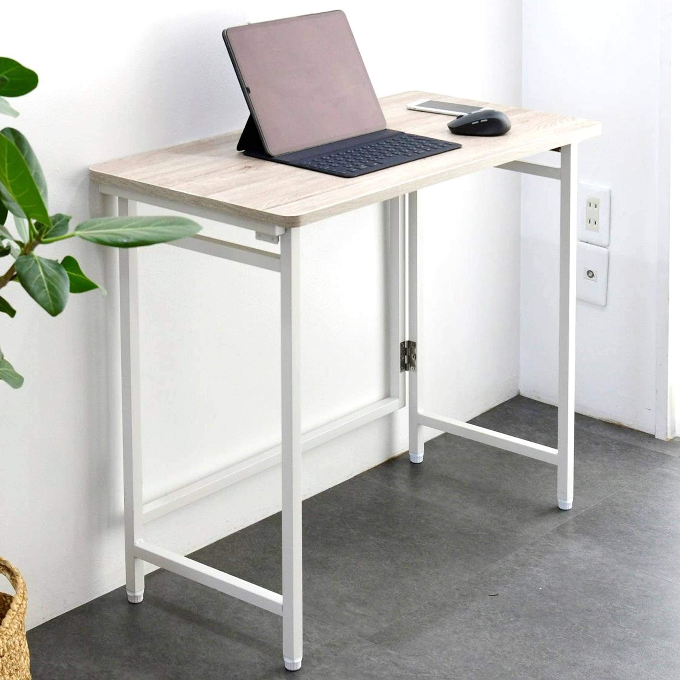 [山善] 折りたたみ デスク 幅80×奥行40×高さ70cm コンパクト 傷・汚れ・水分・熱に強い天板(メラミン加工) なめらかな表面 角が丸い アジャスター付き 完成品 アンティークアイボリー/ホワ