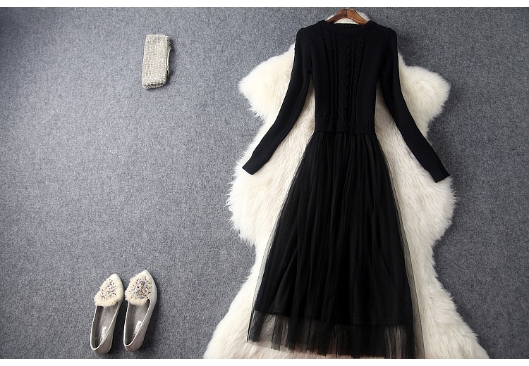 1694.ニットチュールドッキングワンピース（ブラック）2019 春夏 sale 春夏 sale お呼ばれ 通学 通勤 女子会 レストラン カフェ ランチ 100,000円