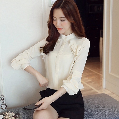 2059.袖コンシャスフリルブラウストップス(オフホワイト)