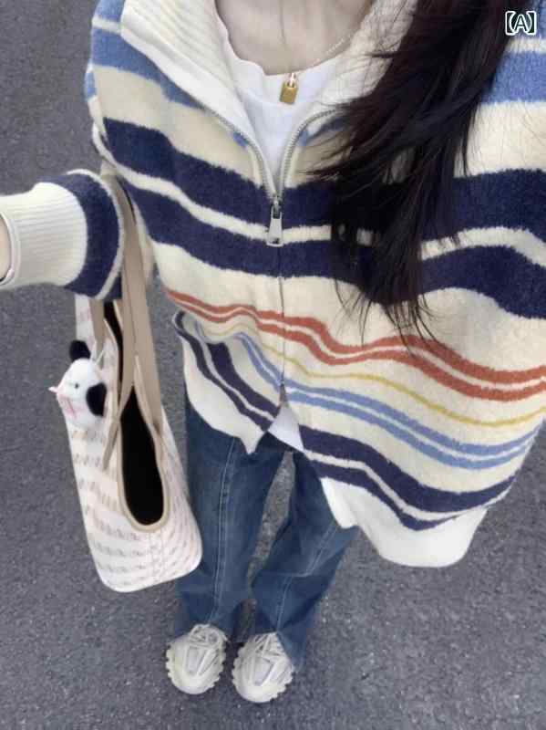 2024年秋冬くつろぎ虹色ストライプ柄レトロ風ジップアップセーター立ち襟ニットカーディガン春秋用女性向けアウター