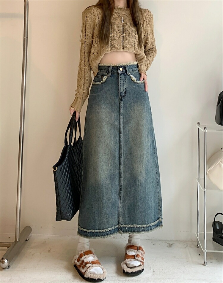 Aライン スカート デニム スカート レディース スカート ハイウエスト フリンジ スカート ポケット付き ミドル丈 シンプル デニムスカート ウォッシュ加工 ヴィンテージ 韓国ファッション 体型カバ 4,851円
