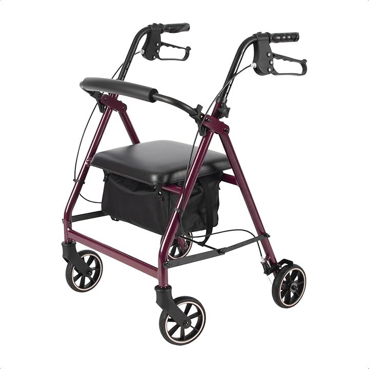 歩行器 高齢者用 室内 屋外 折りたたみ 軽量 四輪 歩行車 低めサイズ 座れる シルバーカー 買い物カゴ付き ブレーキ付き 歩行補助 手押し車 高さ調節 簡単組立( 赤紫, 小さめ)