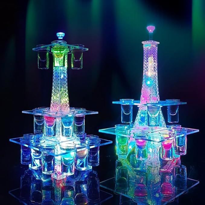 テキーラ テキーラ塔 エッフェル塔 24カップ LED酒ボトルの表示棚 ワインラック 酒グラススタンド 充電式 自動カラーチェンジ 誕生日 クリスマス ナイトクラブ パーティ レストラン 新年会 飲み