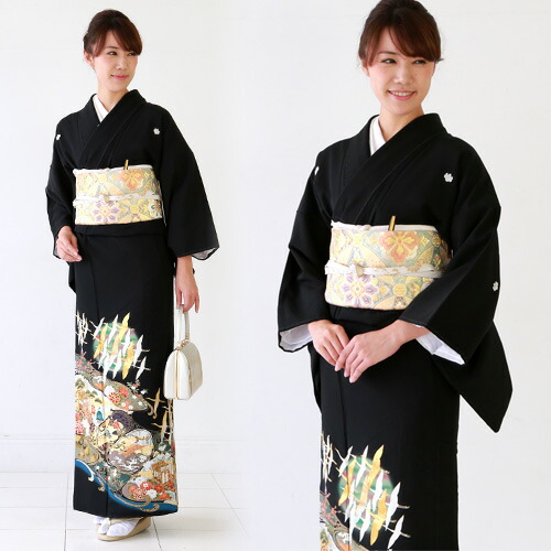 レンタル 正絹黒留袖１９点フルコーディネートレンタルセット レンタル 和装小物 セット フル 着物 披露宴 安い 山本寛斎正絹黒留袖 白金の飛翔鶴と御所車に流水