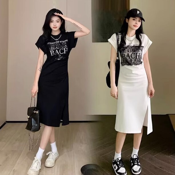 ワンピース Tシャツワンピース ミモレ丈 袖あり 半袖 ラウンドネック 襟なし Aライン サイドスリット ハイウエスト 大人可愛い カジュアル おしゃれ お洒落 かっこいい 大人女子 こなれ感 ラフ