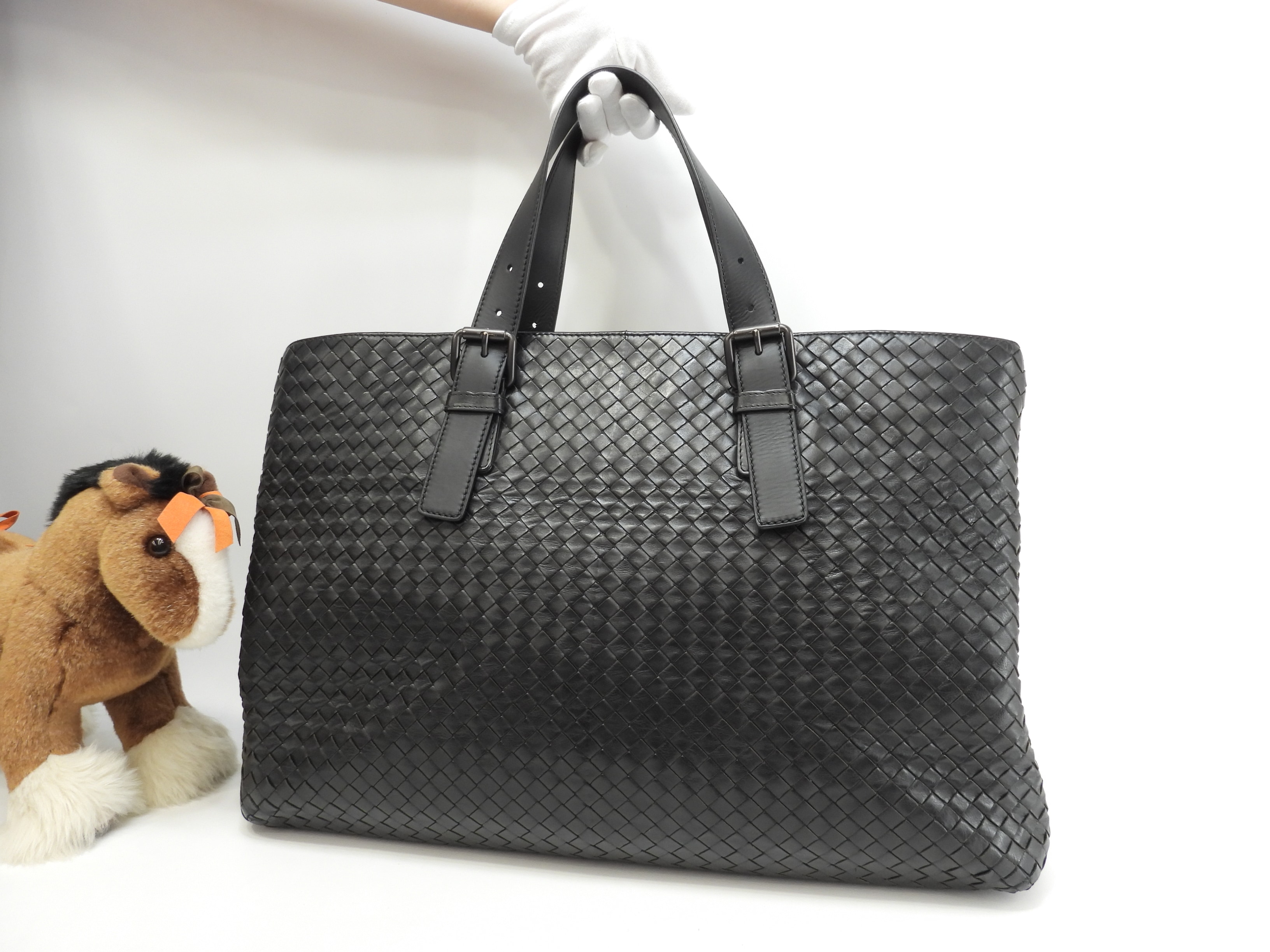 トートバッグ特大 イントレチャート レザー黒 メンズハンドバッグ@B00248819J