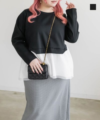 大きいサイズ レディース LL 3L 4L XL XXL XXXL チュール切替ペプラムスエットプルオーバー