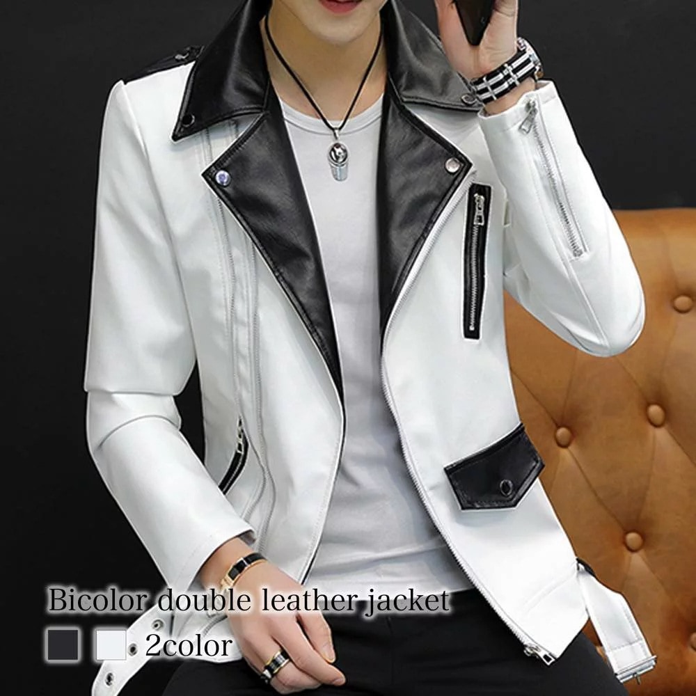 バイカラーダブルレザージャケットレザージャケットメンズライダースIジャケット春秋秋革ブランドレザーおしゃれ402050大きいサイズ30オフィスカジュアル大人本革風お洒落ファッション可愛いかわいい上品ブ