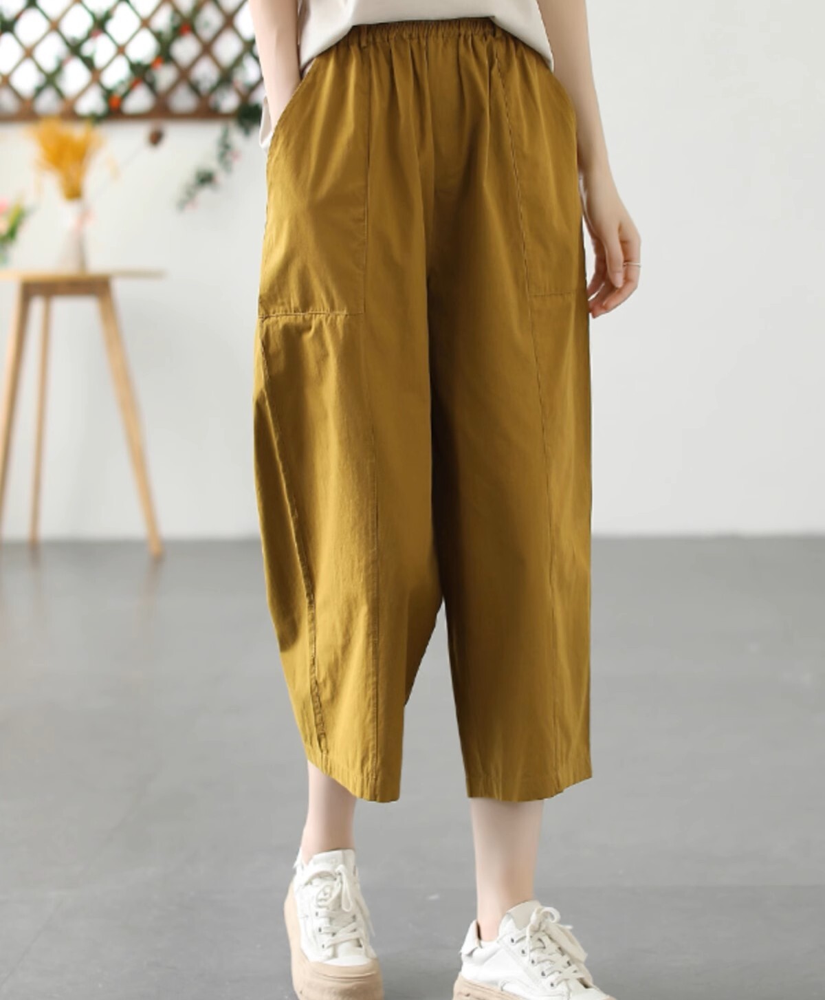 レディース パンツ ボトムス フレア ワイドパンツ イージーパンツ 膝下 7分丈 クロップド丈 ワイド フレア セミフレア スリム ポケット ウエストゴム 薄手 綿 コットン シンプル カジュアル