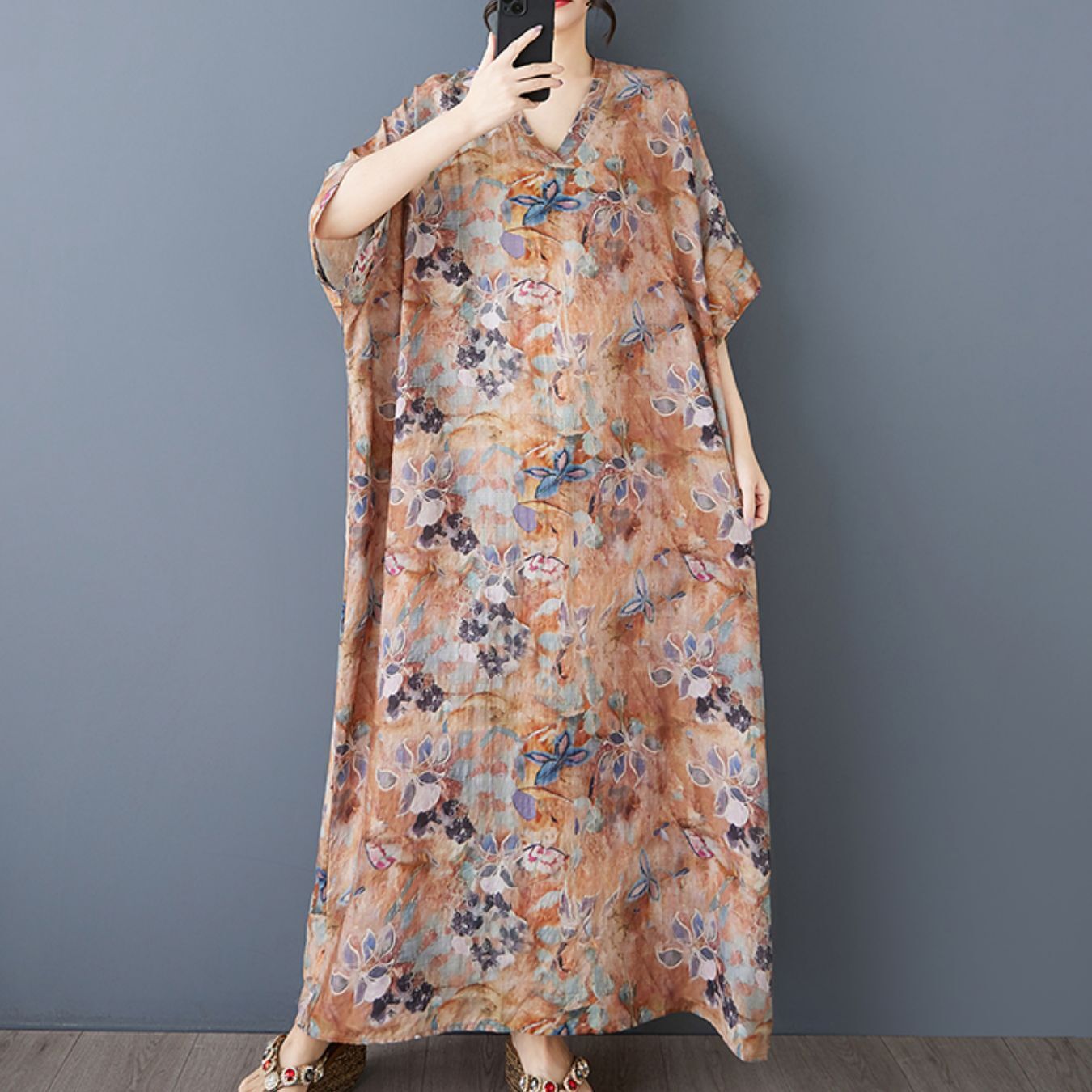 ワンピース レディース ロング Vネック フレア ゆったりウエスト フリル かわいい 大人可愛い きれいめ 上品 おしゃれ レトロ アジアン エキゾチック こなれ感 ラフ とろみ感 キュート 都会的