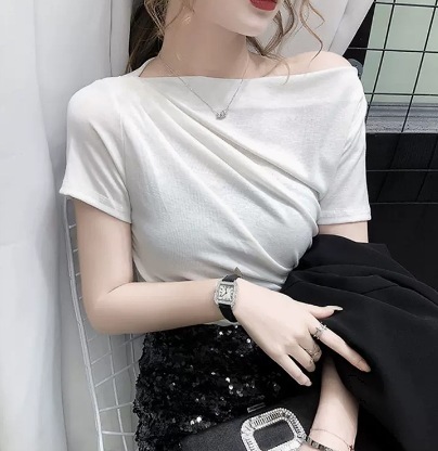 オフショルダー半袖トップス 半袖 カットソー Tシャツ トップス コンパクト 綿 麻 かわいい 可愛い きれいめ シンプル カジュアル 上品 おしゃれ かっこいい レトロ アジアン