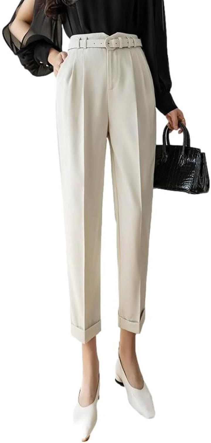 テーパード パンツ アンクル丈 ハイウエスト ロールアップ 風 センタープレス スラックス ベルト付き ストレート スリムパンツ アンクルパンツ フェミニン クール(アイボリー, M) 5,695円