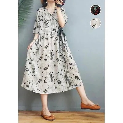 1つ買うと10個無料ワンピース ロングワンピース コットンン 綿麻 花柄 総柄 プリント リゾート 半袖 大きいサイ