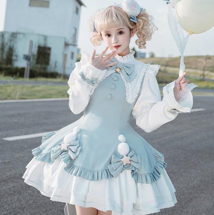 可愛い ロリータワンピース 春秋 ロリータ服 プリンセスワンピース 女性 コスプレ衣装 イベント 撮影衣装 コスチューム 背中 大きいリボン 袖取り外し可 ピンク ブルー