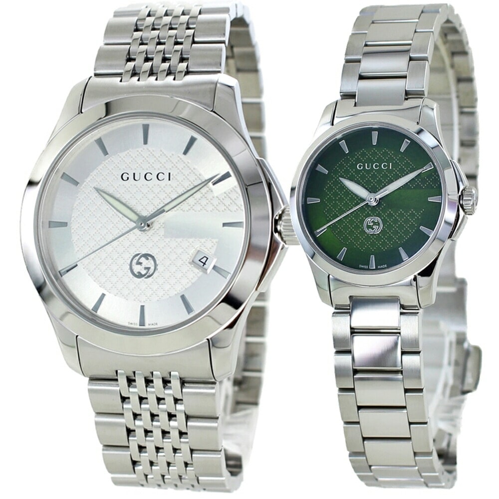 ペアウォッチ グッチ ペア 腕時計 手表 婚約 結婚 記念日 両親 プレゼント 高級時計 GUCCI Gタイムレス メンズ レディース お揃い カップル ペアギフト シルバー グリーン ブレスレットウ