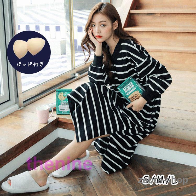 安い商品 今日だけ ネグリジェ パジャマ レディース 春 秋 長袖 ボーダー パジャマ 白 黒 ワンピースタイプ Vネック ロング丈 綿 大人 可愛い ルームウェア 寝巻き 部屋着 ゆったり 3枚購入 4,691円