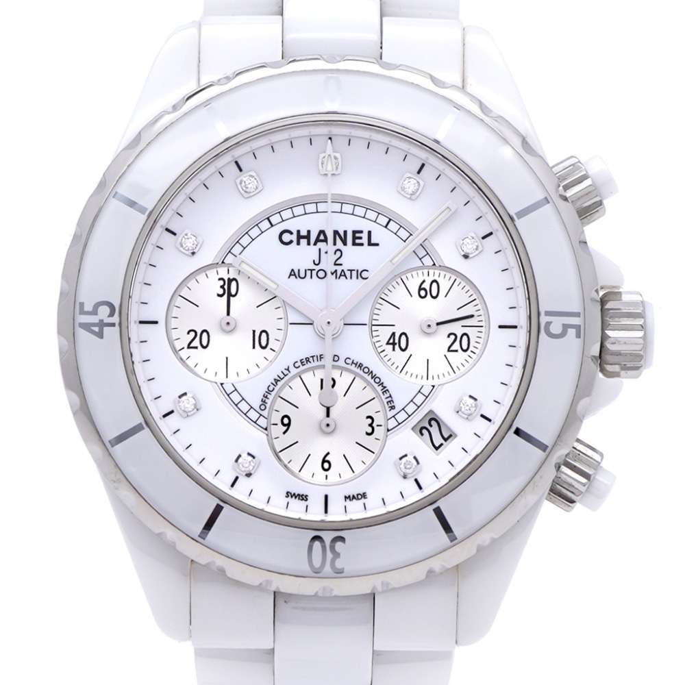 美品 自動巻き J12 クロノグラフ 9Pダイヤ H2009 腕時計 ホワイトセラミック/ダイヤモンド ホワイト 0047【中古】 メンズ
