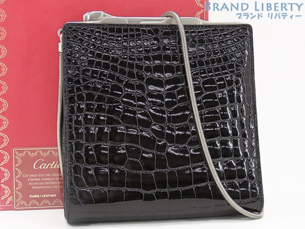 激レア超美品カルティエパンテールシャイニークロコダイル斜め掛けショルダーバッグポシェットがま口バッグブラックL1000345