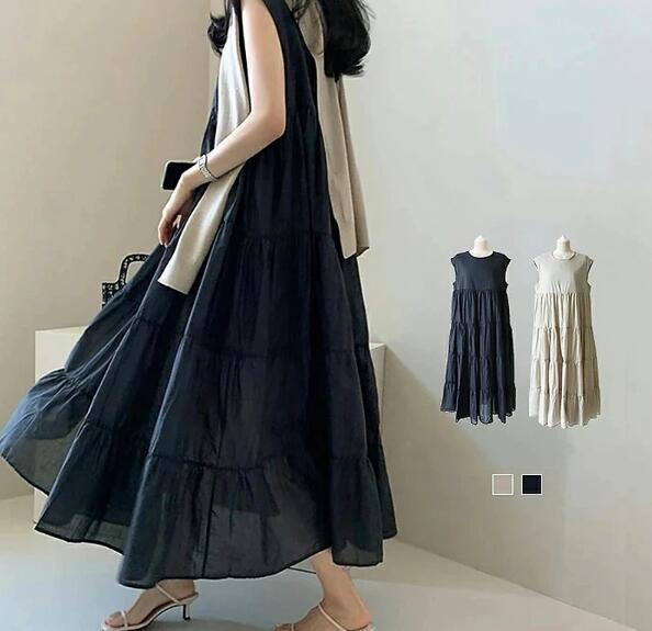 人気の韓国ファッションビーチドレス シフォン パッチワーク シース ソリッド ロングドレス ノースリーブ ラウンドネック ドレス