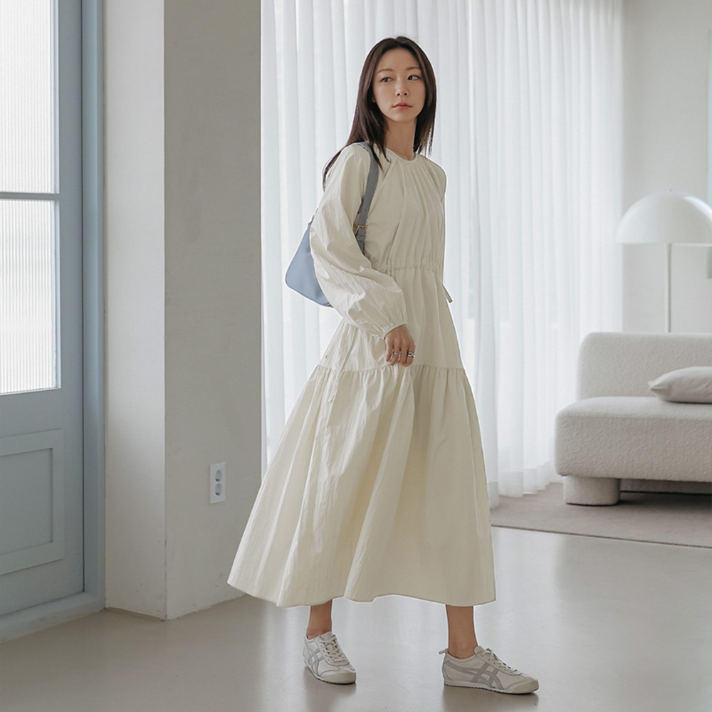 オーエンナイロンストラップカンカンシャーリングロングワンピース