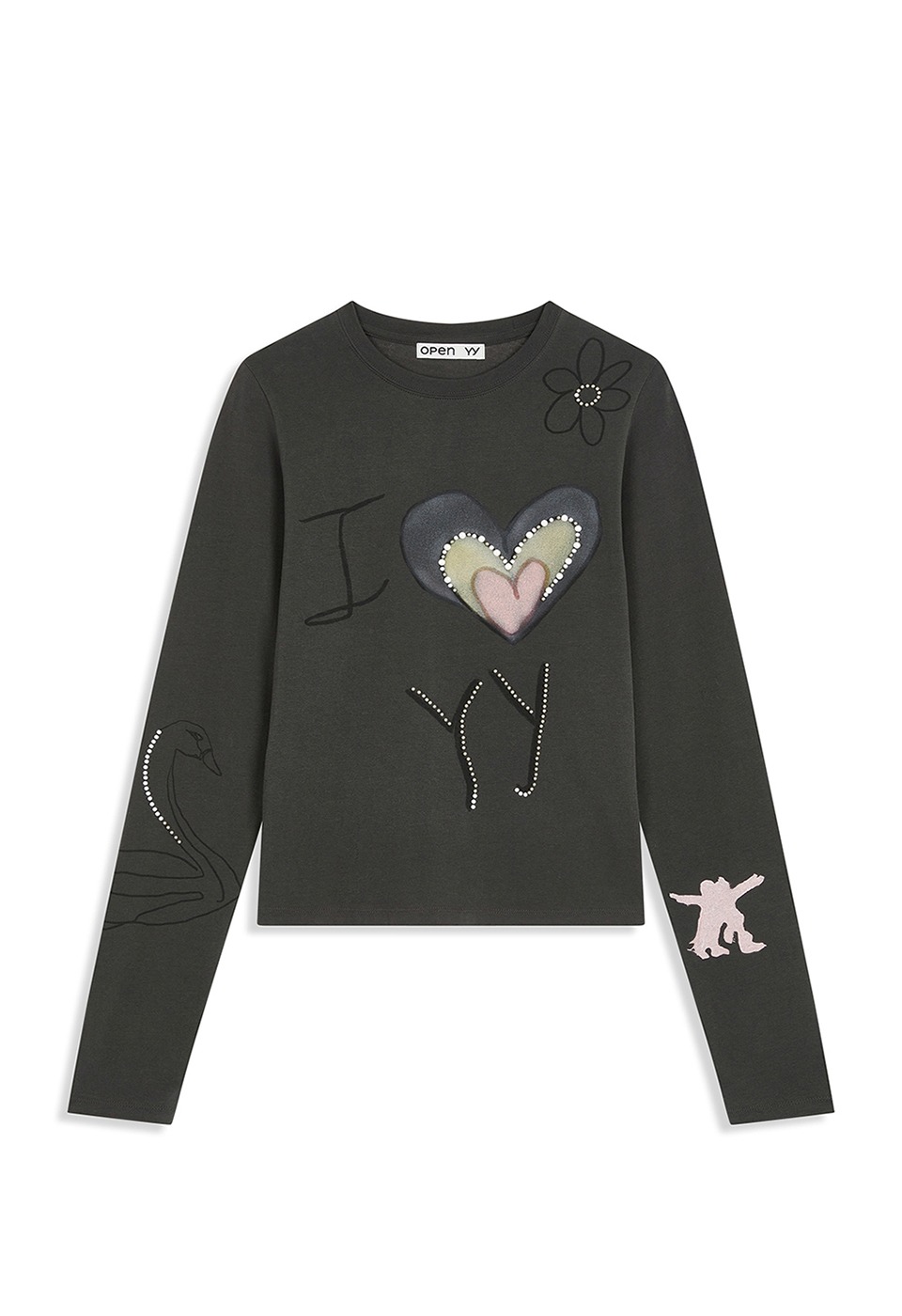 【OPEN Yy】25FW BEADED I LOVE YY TEE : CHARCOAL