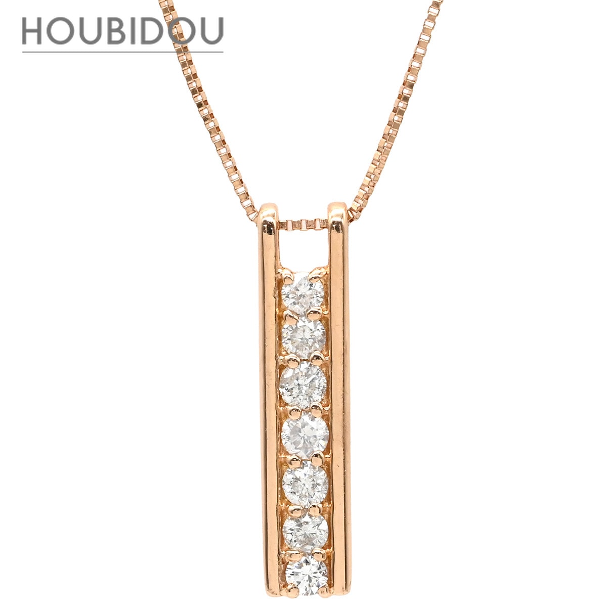 ネックレス ダイヤ ペンダント ピンクゴールド 14K PG 縦型 バータイプ ダイヤ 7P 7粒 7石 0.30ct 【中古】